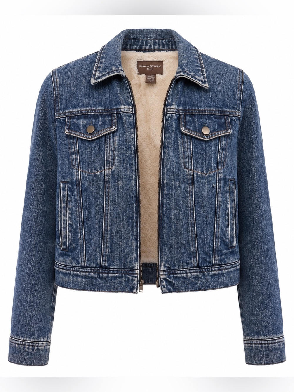 Banana Republic Faux Fur Sherpa Lined Denim Jacket Medium Wash Zip Up Crop S - Picture 8 of 8